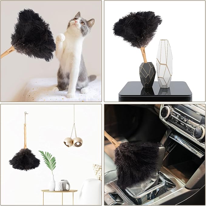 Aldwin Ostrich Feather Dusters for Cleaning, 16 inch Black | Genuine Ostrich Feathers with Wood Handle, Reusable Car Dusters, Eco-Friendly Handheld Dusters for Home, Office and Kitchen