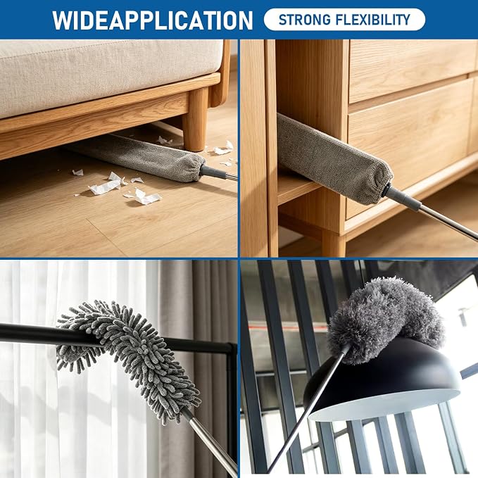 Microfiber Feather Duster 6-in-1 Kit | Extendable Duster with 100" Pole | Washable Long Handle Duster Set for High Ceilings, Fans, Blinds
