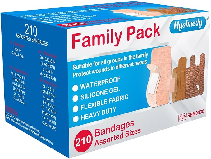 Hysimedy Assorted Bandages Variety Pack 210 Count 4 Styles for Wounds Care | Flexible Fabric Heavy Duty Waterproof Silicone Knuckle Hypoallergenic Latex Free Breathable for Minor Cuts, Scrapes, Burns