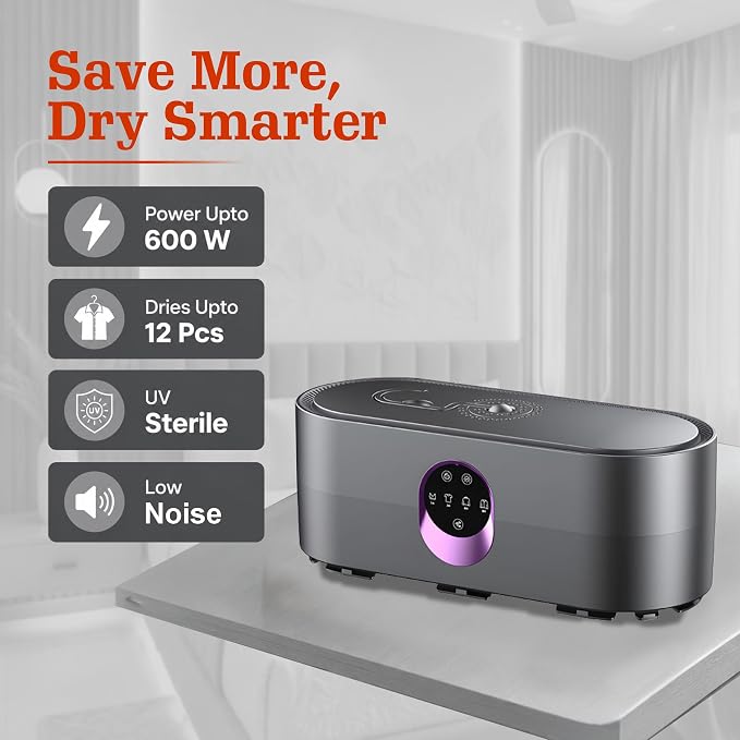 Portable Clothes Dryer for Upto 12 Clothes with Remote Control Compact Form | Compact Dryer for Clothes Apartment, RV, Travel Built-in LED UV, Adjustable 8-Hour Timer with Fast-Drying Stress-Free Setup