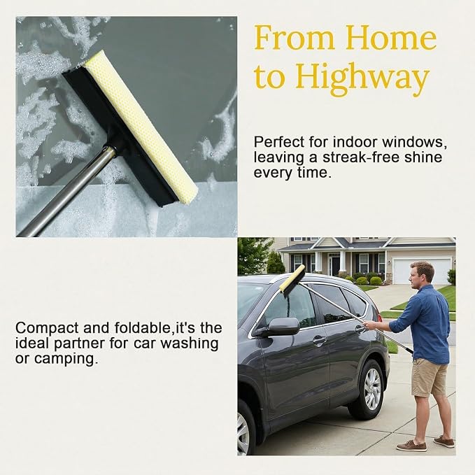 2 in 1 Car Window Squeegee and Collapsible Bucket Set,Long Handle,Gray