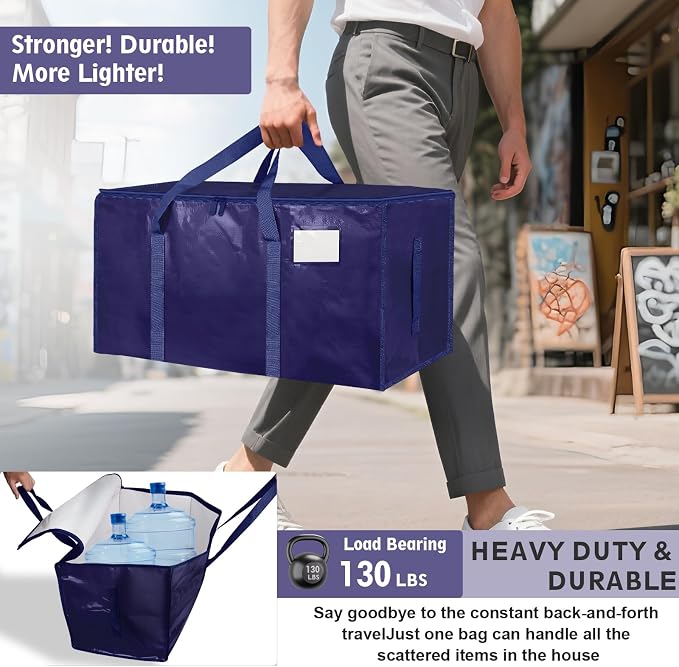 8 Pack-Extra Large Heavy Duty Moving Bags - Waterproof Storage Totes with Handles & Zippers, Foldable for College Dorm, Storage (Dark Blue)