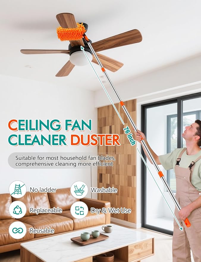 Ceiling Fan Cleaner Duster Kit, 4-in-1 with 76" Extendable Handle | 180° Rotating Head for Fan Blades, Blinds, Walls and Dusting, Wall Cleaner Mop Feather Duster Cleaning Kit