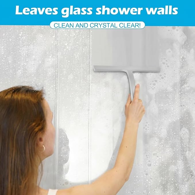 Shower Squeegee for Glass Doors, Mirror Window Tile Scrubber Cleaner with Hook Silicone (Gray)