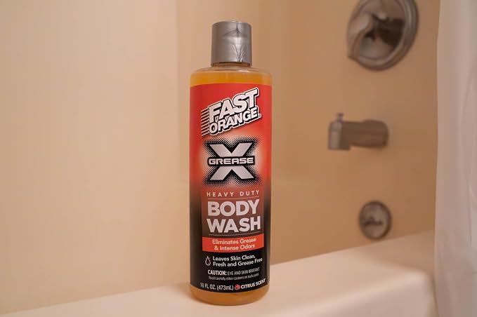 Fast Orange 25716 Grease X Body Wash, Exfoliating & Hydrating Heavy Duty Shower Gel for Men and Women, Mechanic & Industrial Body Soap Removes Grime, Oil, Automotive Odors & More, Citrus Scent 16 Oz.