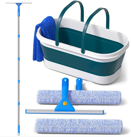 Professional Window Glass Cleaning Kit with 14" Window Squeegee & 15" Scrubber, 3 Gallon Collapsible Bucket, 76 Inch Spliced Pole Complete Glass Washing Tools for Indoor Outdoor Home Car Cleaning