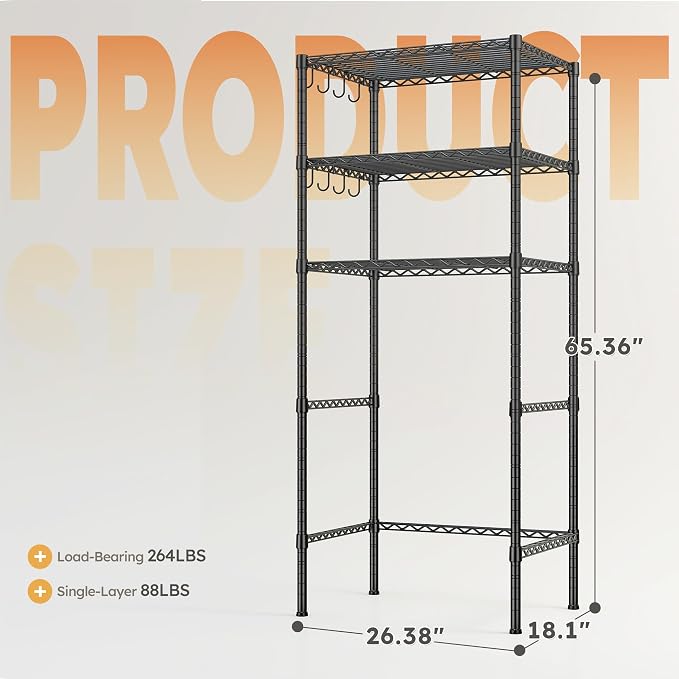 REIBII 3-Tier Mini Fridge Shelf with Storage, 264LBS Metal Shelving with 8 Hooks, Adjustable Height Organizer for Dorm, Kitchen, Apartment & Office, Microwave Rack, 26.38" Wx18.1 Dx65.36 H, Black