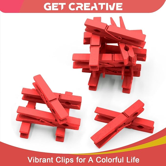 100 Pcs Red Clothes pins - 2.9 Inch Wooden Clothespins Cheer Clips | Vibrant for Crafts Classroom Decorations Clothing Pictures Laundry Solid Wood No Splinters Fade‑Proof