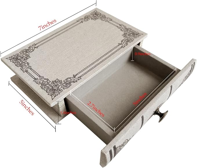 Vintage Book Storage Box with Drawer, Natural Linen-Textured Cover with Classic Frame Pattern, Hidden Organizer for Jewelry, Keepsakes or Desktop Use 7″ x 5″ x 1.6″