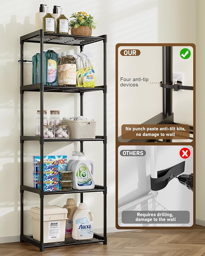 5-Tier Storage Shelves with Plastic Connectors – Metal Shelf Organizer for Pantry, Closet & Bathroom, Space-Saving Sturdy Shelving Unit Rack, Black, 17.3" x 12.8" x 56.7"