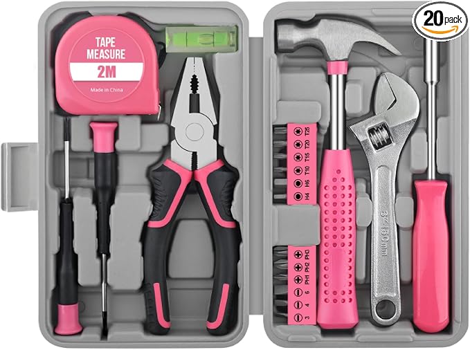 20 Pcs Home Tool Set, Basics Household Tool Kit with Small Mini Carrying Box for Men and Women DIY (Pink)