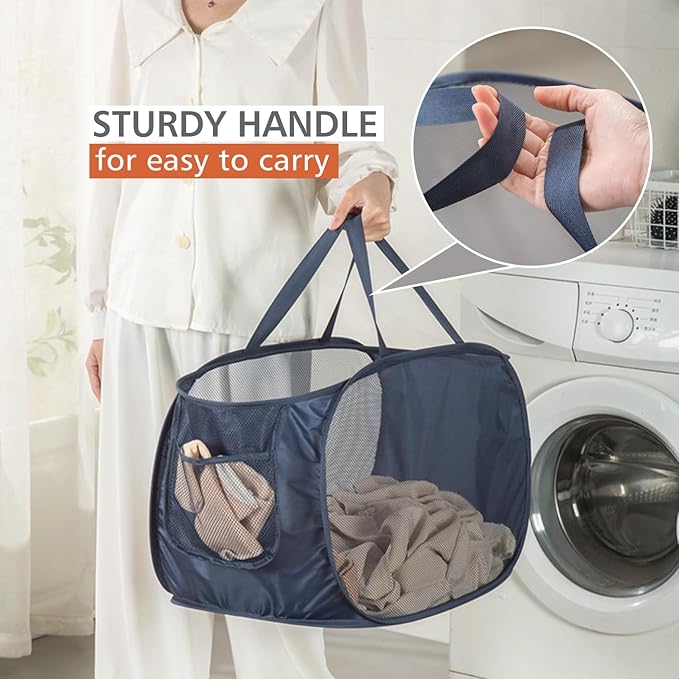 Sturdy Mesh Laundry Hamper Basket Bag,collapsible Pop up for Laundry Room | Folding Foldable Baskets with Side Pocket Travel Clothes Organizer for Bathroom,Kids Room,College Dorm (Horizontal,Navy Blue)