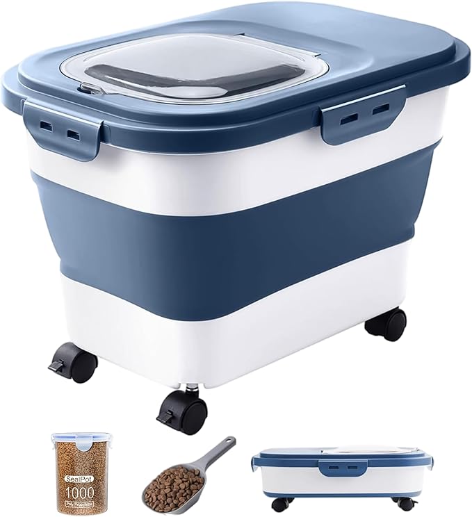 20-23Lbs Dog Food Storage Container Airtight,Collapsible Dog Food Container | Pet Food Storage with Double Airtight Seal & Magnetic Lid,Cat Food Container with Wheels for Easy Moving,Small Jar,Scoop
