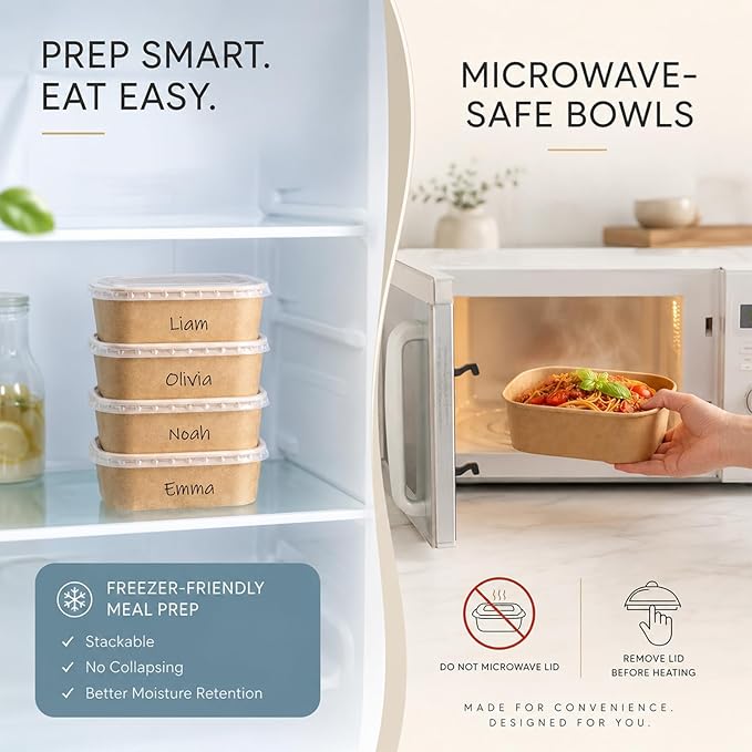 Kaderron 50 Pack 32 OZ Large Paper Bowls with Lids, Heavy Duty Disposable Compostable Container for Party, Disposable Bowls Bulk Soak-Proof and Microwave Safe for Hot/Cold Use(32OZ-50PACK)