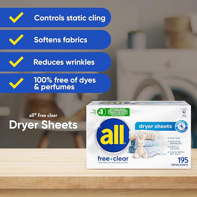 all free clear Fabric Softener Dryer Sheets for Sensitive Skin, 195 Count, Hypoallergenic, Unscented, Dye Free, Controls Static Cling, Reduces Wrinkles, Dermatologist Tested, HE Safe