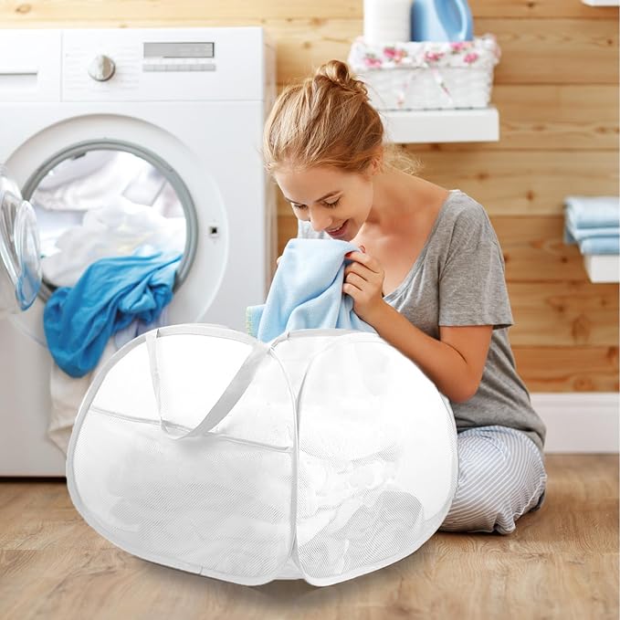 Bemkoo Collapsible Laundry Basket, 90L Large Foldable Mesh Pop Up Hamper for Laundry, Dirty Clothes, Bedroom, Bathroom, Dorm, Laundry Room, Travel, Camping, White