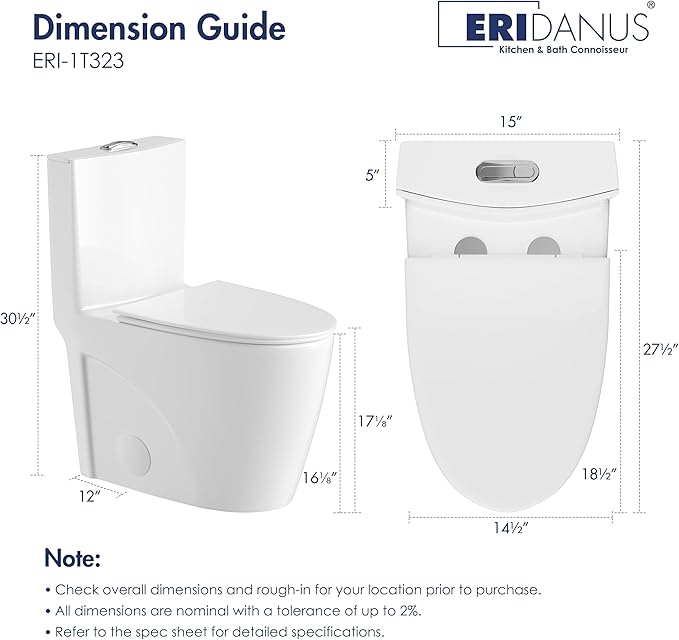 Eridanus Elongated One Piece Toilet with Powerful Siphon Dual Flush 1.1/1.6 GPF, 12" Rough-In Modern Bathroom Toilets with Comfort Soft Closing Seat Height 17", ADA Compliant Bowl, White