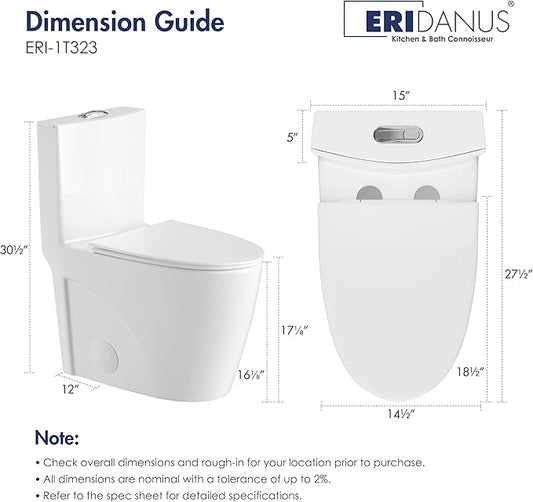 Eridanus Elongated One Piece Toilet with Powerful Siphon Dual Flush 1.1/1.6 GPF, 12" Rough-In Modern Bathroom Toilets with Comfort Soft Closing Seat Height 17", ADA Compliant Bowl, White