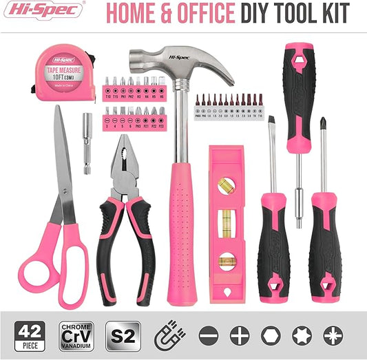 Hi-Spec Tool Kit, General Household Hand Tool Set with Toolbox Storage Case, All-in-One Compact Toolkit for DIY & Dorm Use, Pink