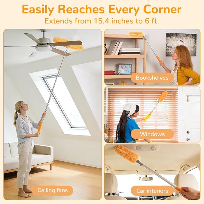 6 ft Heavy Duty Extendable Duster Handle with 50 Refills for Swiffer Duster, 360° Multi-Surface Dusters with 4X Cleaning Power for Home, Ceiling Fans, Windows, Dusting Hard-to-Reach Areas (Orange)