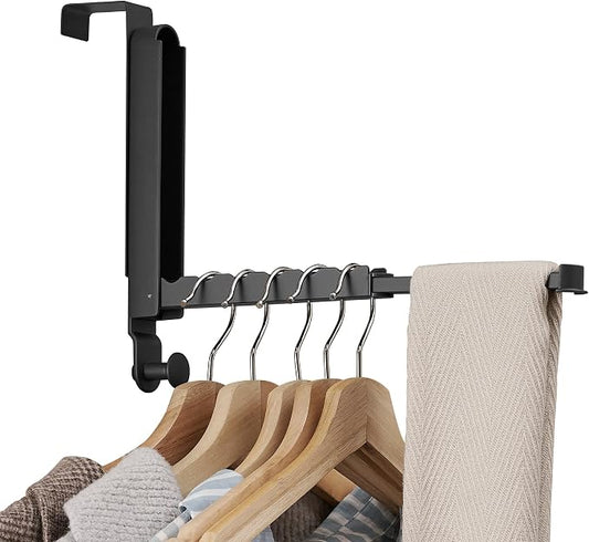 RFOUO Over The Door Hooks Hanger,Fit Door up to 1 3/8", Black, 1 Pack | Aluminum,Retractable Rod, Space-Saving, Foldable Over The Door Drying Rack,No drilling, For Laundry Bathroom Bedroom Travel