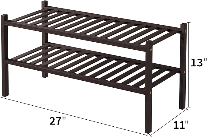 ROMGUAR CRAFT 2 Tier Bamboo Shoe Rack for Closet Free Standing Wood Shoe Shelf for Entryway Small Space Stackable 27"x11"x13" (Brown)