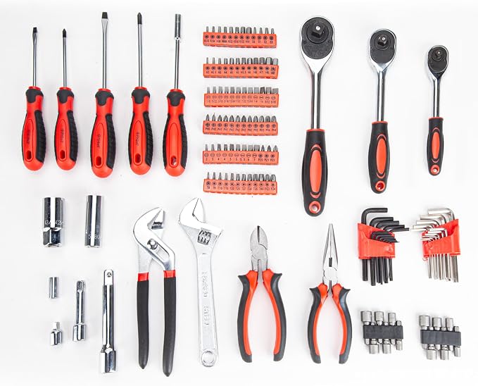 CARTMAN 205-Piece Ratchet Wrench Tool Set, SAE/Metric Socket Kit Carry Case | Professional ratchet wrench and socket assortment for car jobs, mechanics, DIY projects, home fixes, and general maintenance.