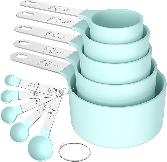 Measuring Cups and Spoons Set, 10-Piece Stackable Kitchen Tools with Stainless Steel Handles, Nesting Measurement Gadgets for Cooking & Baking (Mint)