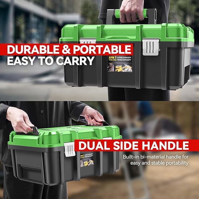 Auto Dynasty 17-Inch Tool Box, 2Pcs Toolboxes Organizer Storage with Removable Tray and Portable Handle for Garage Workshop Home Office Car Trunk, Green