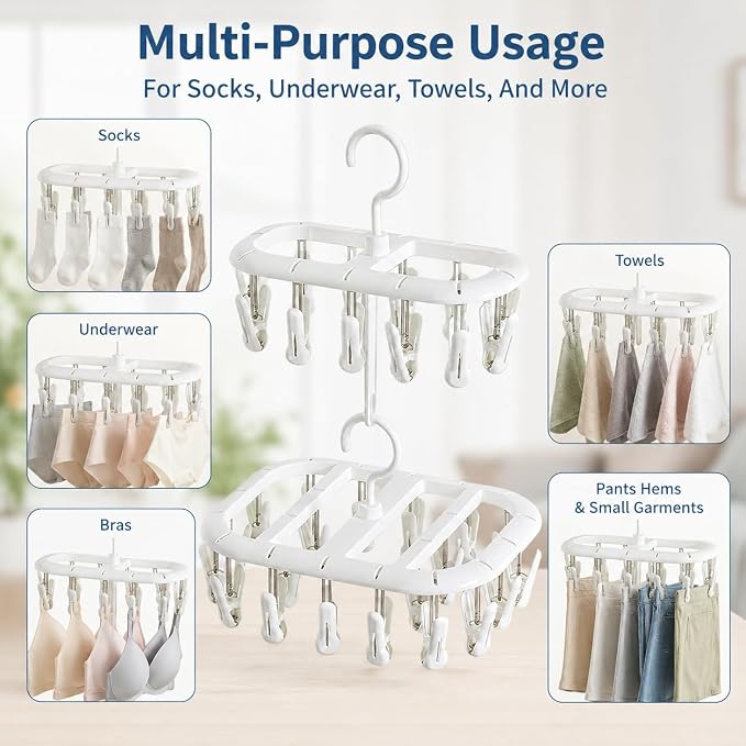 2PCS Clothes Hangers with 32 Clips Hooks, Plastic Sock Hanger, Stackable Laundry Drying Rack for Underwear, Clothes Airer with Swivel Hook, Portable Small Item Organizer for Bathroom Balcony Daily Use
