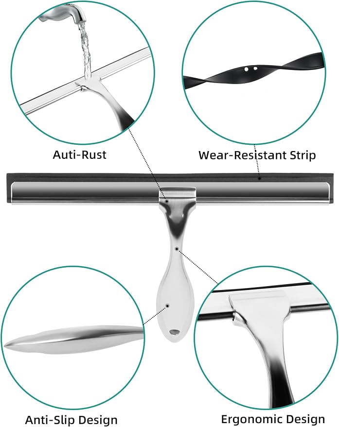 All-Purpose Stainless Steel Shower Squeegee Come with S Hook, 2 Square Sticky Hook 2 Rubber Strips Shower Squeegee for Glass Doors, Windows, Mirrors, Tiles and Car Glass -10 Inches Silver