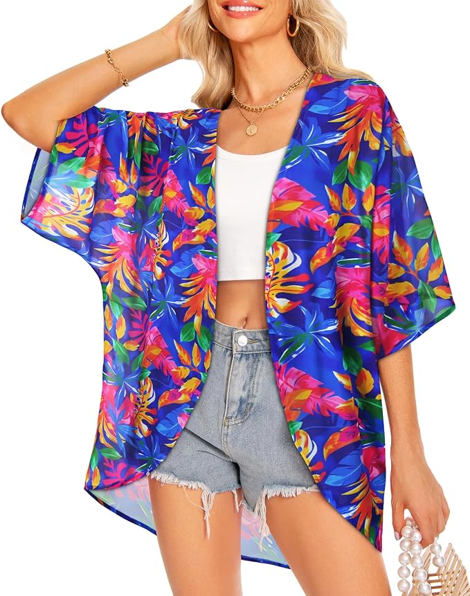 Women Kimono Cardigans Summer Cover Up Hawaiian Shirts Floral Print Tops | ROSEMIA chiffon kimono open front cardigans, beach cover ups, daily casual tops, cruise outfits, summer resort wear