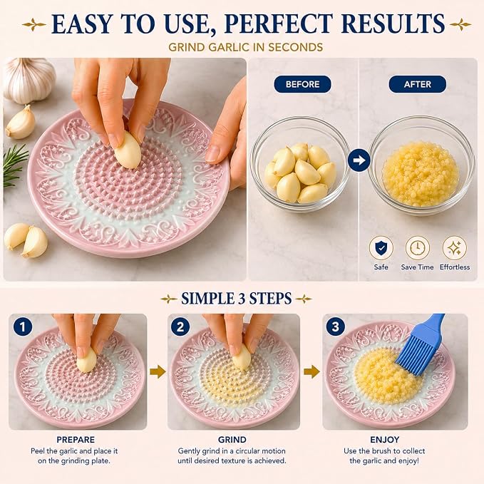 Ceramic Garlic Grater Plate Set with Rack & Cleaning Brush(Pink) | Textured ceramic surface grates garlic, ginger and tomatoes quickly; includes rack, brush and peeler for easy kitchen use
