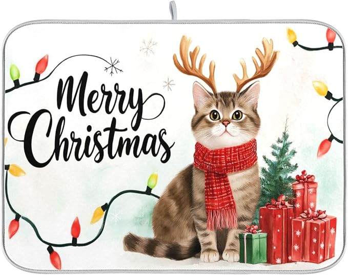Merry Christmas Kitty Dish Drying Mat for Kitchen Countertop 18x24 Winter Cat Xmas Reindeer Large Drying Mat Reusable Quick Dry Dish Sink Mats Easy Clean Decorative Essentials
