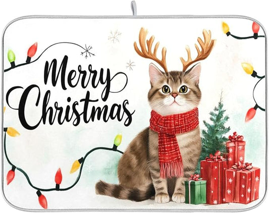 Merry Christmas Kitty Dish Drying Mat for Kitchen Countertop 16x18 Winter Cat Xmas Reindeer Small Drying Mat Reusable Quick Dry Dish Sink Mats Easy Clean Decorative Essentials
