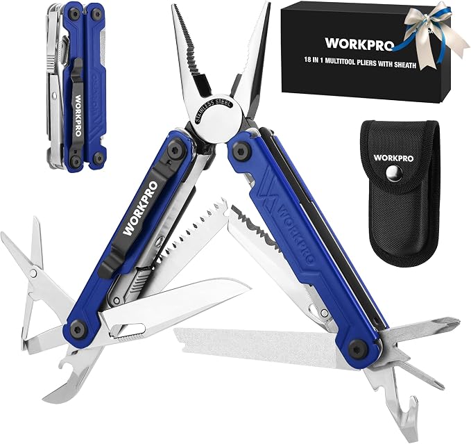 WORKPRO 18-in-1 Multi Tool Pliers Pocket Knife, 2 Safety Locks, EDC, Blue | Gifts for Men Dad Women Wife, Stainless Steel Multitool, Belt Clip and Oxford Pouch, Utility Tool for Camping