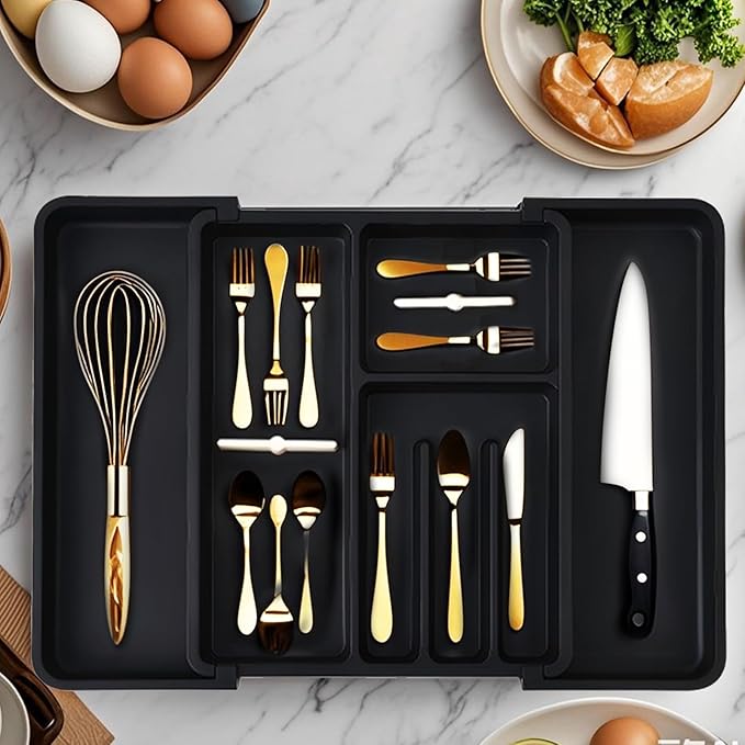 Silverware Organizer, Expandable Cutlery Drawer Organizer Utensil Tray for Home and Kitchen, Upgrade Adjustable Plastic Storage Flatware Holder for Forks, Spoons and Knives Large Black