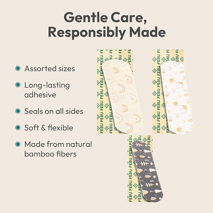 FEBU Sloth Fabric Bandages | PFAS Free Flexible Fabric Bandages | Natural Hypoallergenic Bandage for Scrapes, Cuts & First Aid | Compostable, Latex Free Bandage | 50 Count Strip