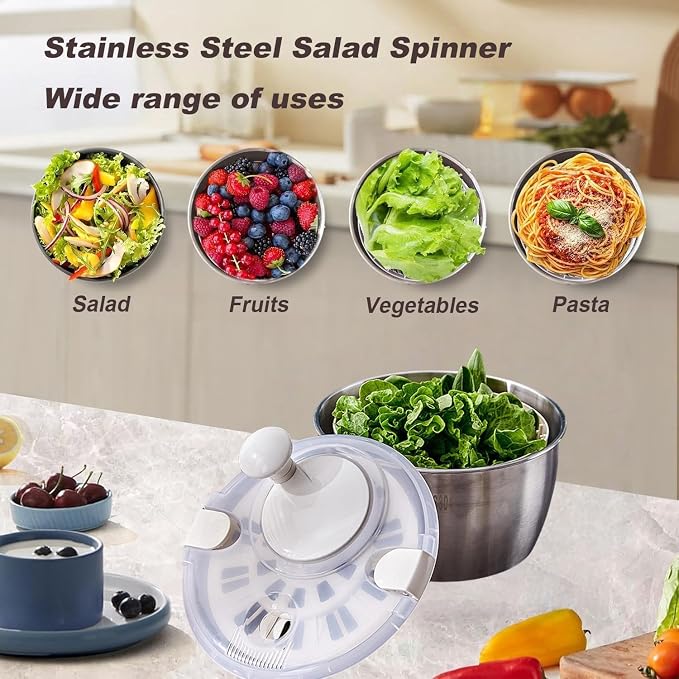 Stainless Steel Salad Spinner, Salad Spinners Large, Lettuce Spinner, with Drainage Basket Drainage Outlet, Used for Cleaning and Drying Vegetables Food and Fruits Quick Spin Vegetable Fruit Spinner