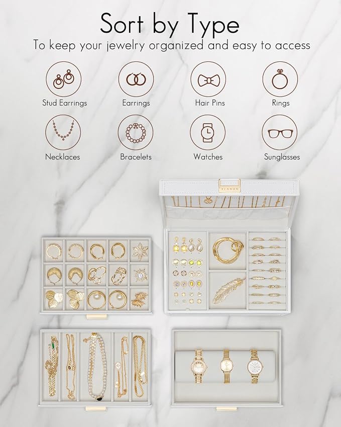 VLANDO 4 Layer Large Jewelry Box - Jewelry Holder Organizer, Jewelry Box Organizer for Drawer Necklace Ring Bracelet and Watch, Birthday Gift for Loved Ones - Beige