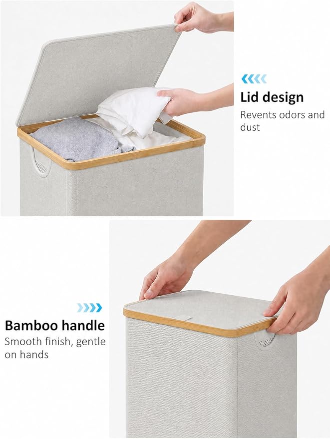 IEGrow Laundry Hamper with Lid,110L Laundry Basket with Bag,Light Grey | Dirty Clothes Hamper Basket with Bamboo Handle for Clothes Towels Organization