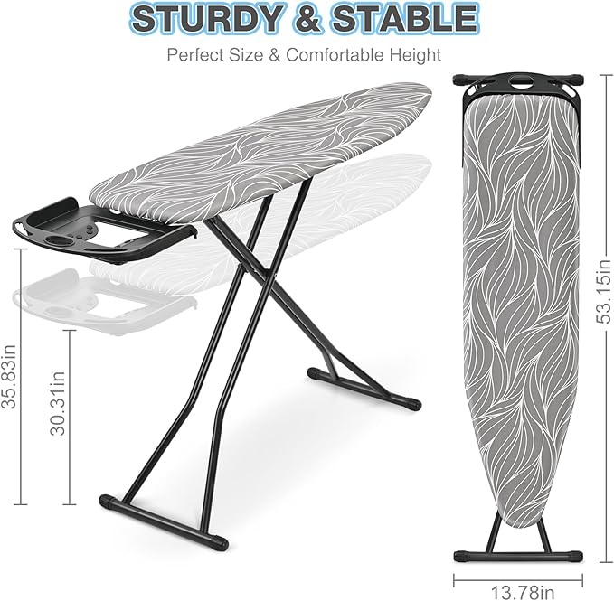 KINGBOARD Foldable Ironing Board Full Size, Iron and Ironing Board Set Large Size, Iron Boards with Ironrest & Adjustable Height,Heavy Duty Iron Table Stand with Metal Legs &Thick Cover,14×54 Gray