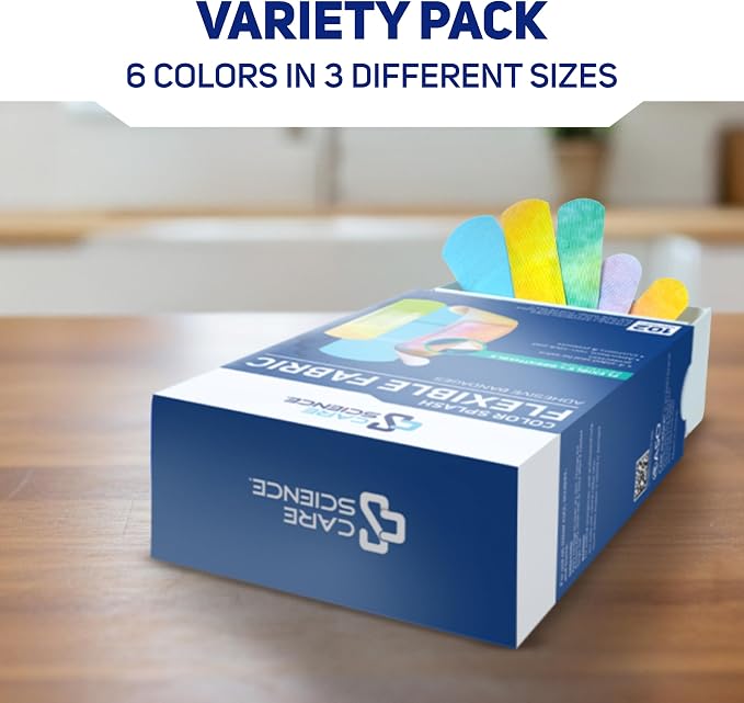 Care Science Color Splash Fabric Adhesive Bandages, Assorted Sizes, 102 ct | Flexible + Breathable Protection for First Aid and Wound Care.