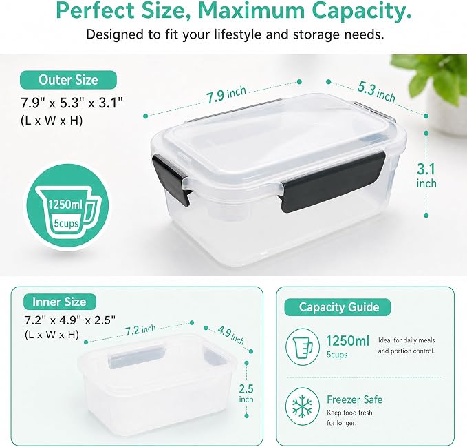 YORY 5cup Plastic Food Storage Containers With Lids For Lunch Meal Prep,5pk | BPA free,Stackable and Nestable,Snaplock Lid ,Freezer Dishwasher Microwave Safe