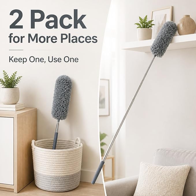 2 Pack Small Microfiber Feather Duster for Cleaning, Hand Washable Dusters with Extendable Pole, Cleaning Tools for Office, Car, Window, Furniture, Ceiling Fan