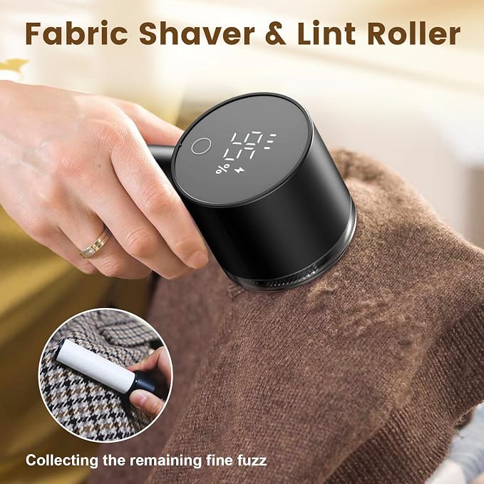 Rechargeable Fabric Shaver Defuzzer with Lint Roller, 2 Extra Blades, Black | Sweater Shaver, Electric Fuzz Remover, Magnetic Cap, Digital Display, for Clothing Furniture Couch