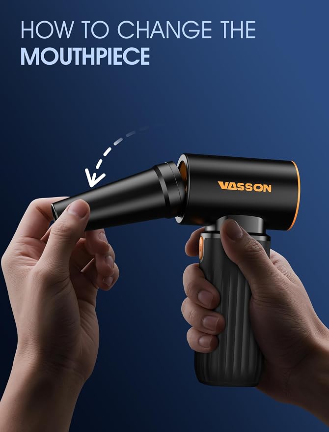 VASSON Compressed air Duster High-Speed Brushless Motor, 3-Speed Adjustable | 5 different nozzles Type-C fast charging Powerful Dust Cleaner for Keyboard, Computer, Car, Outdoor, Air Bed