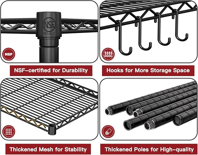 PrimeZone Wire Metal Storage Shelves - 5 Tier Adjustable NSF-Certified Heavy Duty Garage Shelving Unit Organizer Rack, Steel Utility Shelf for Kitchen, Pantry, Closet, 35.5" W x 14" D x 72" H, Black