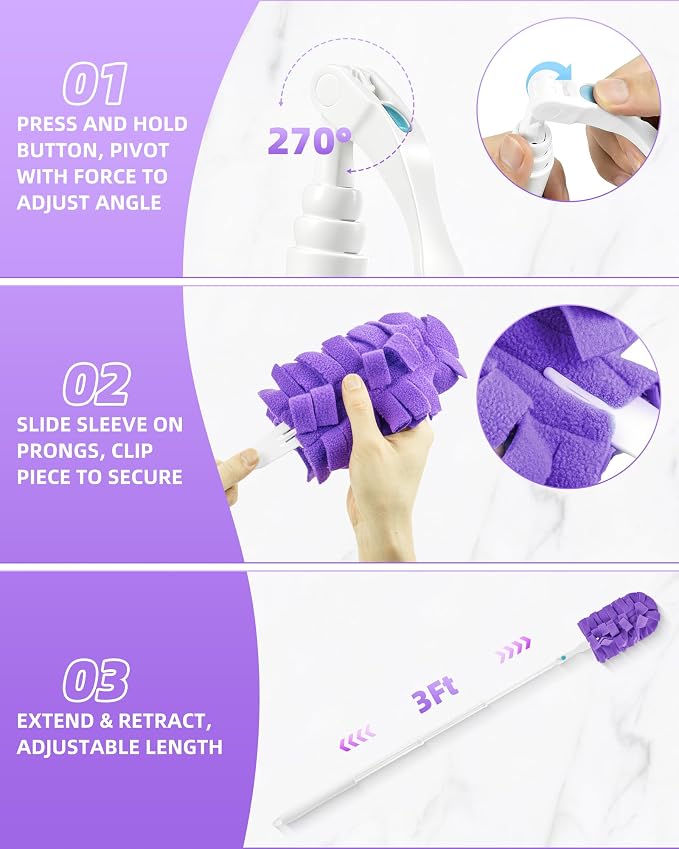 12 PCS Reusable Duster Refills with 3 ft Extendable Handle for Swiffer | Washable Fleece Pads in 6 Colors, 360° Heavy Duty Duster Cleaning for Ceiling Fans, Blinds & High Places, Wet & Dry Use