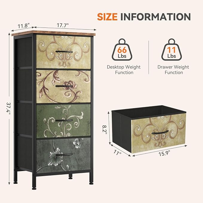 Sweetcrispy Dresser for Bedroom, 4 Drawer Storage Cabinet, Tall Nightstand | Small Fabric Dresser for Closet, Chest of Drawers, Closet Organizer, Home Furniture, Sturdy Frame, Floral Pattern